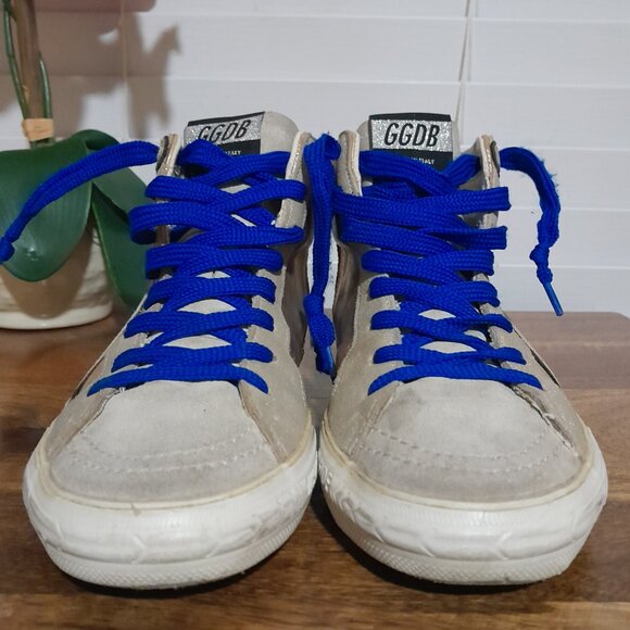 Golden Goose Laminated Slide Sneakers Sz 35 (US 5) Preowned Gold White Blue - Picture 6 of 16